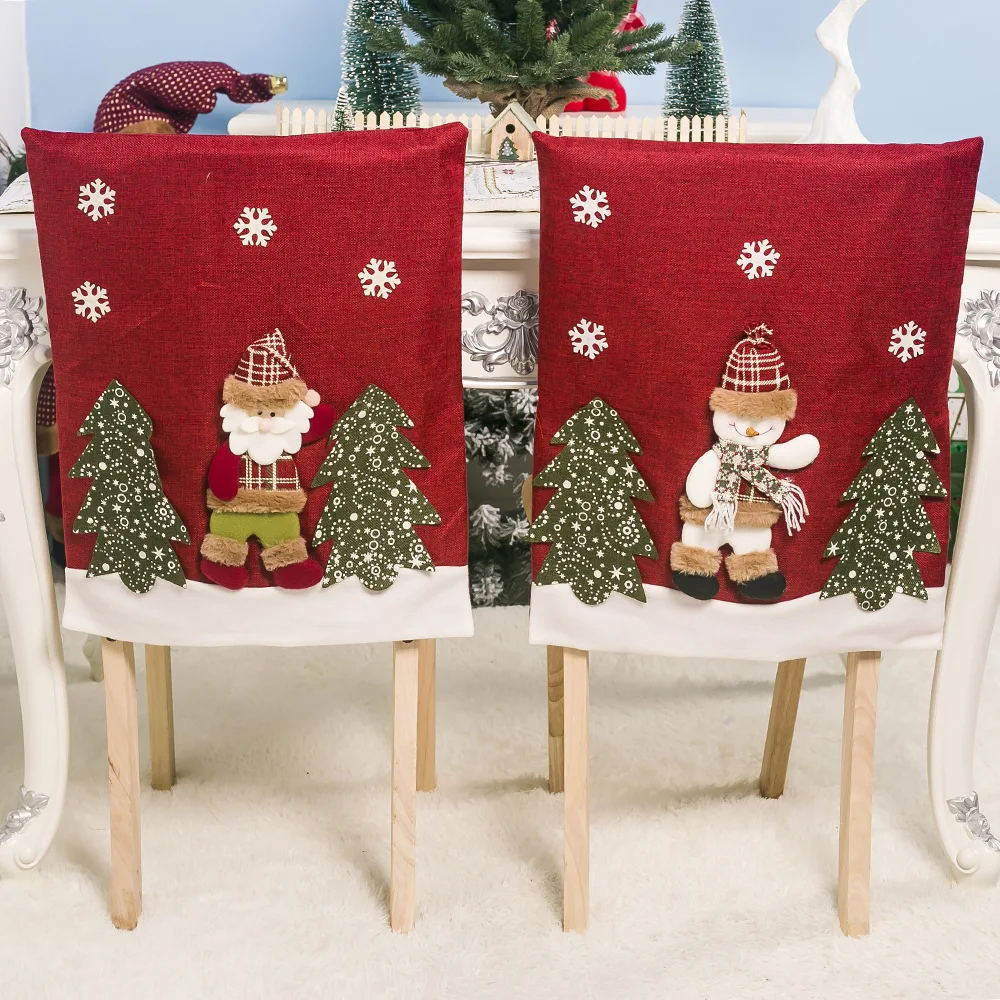

Christmas Chair Cover Dinner Dining Table Santa Claus Snowman Red Cap Home Ornament Chair Back chair covers stretch spandex