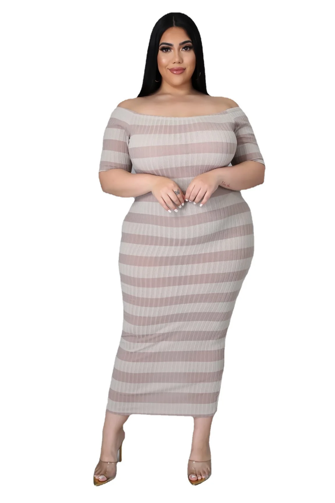 

Zoctuo 2021 Summer Lady Dress Plus Size Striped Printing Women Slash Neck Party Dress Short Sleeve Mid-calf Casual Dresses