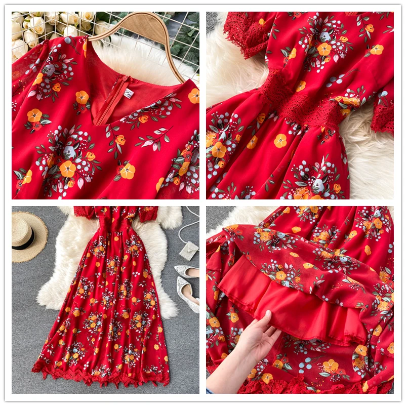 

French Print Women Dress Sweet Puff Sleeve V Neck Splice Hollow Lace Dresses Summer A-line Holiday Beach Long Dress
