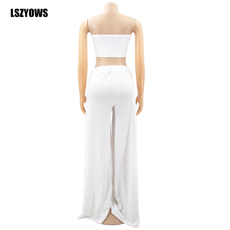 

Sexy White Two Piece Set Women Strapless Lace Up Crop Top High Split Wide Leg Pants Suits Summer Casual Party Outfits Streetwear