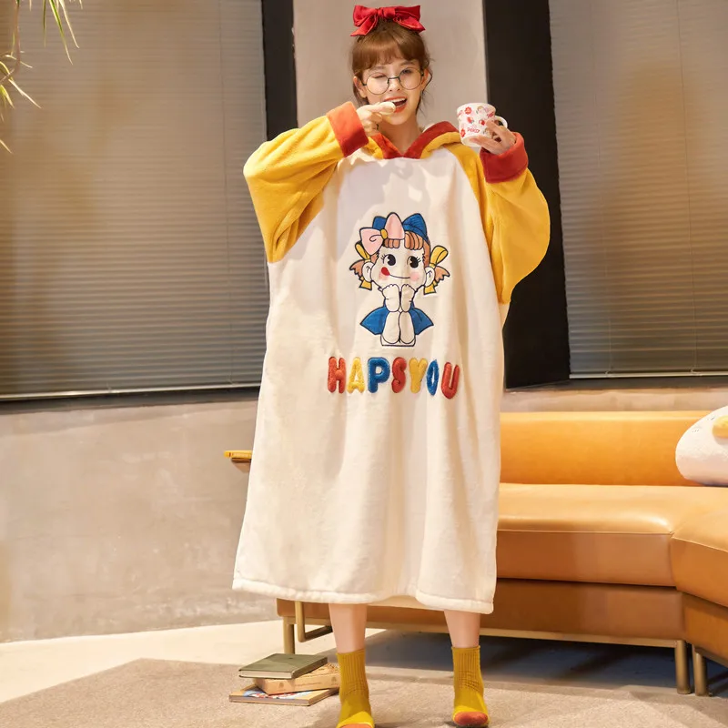 

Young Lady Cute Cartoon Hooded Nightdress Flannel Thicken Winter Warm Nightgown Lounge Home Dress Sleepwear Loose Nightwear