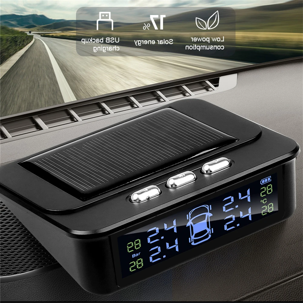 

Auto Tire Pressure Monitor Systems Car Solar Tpms Security Alarm Air Leak Warning Temperature Pressure Monitoring Bar Psi