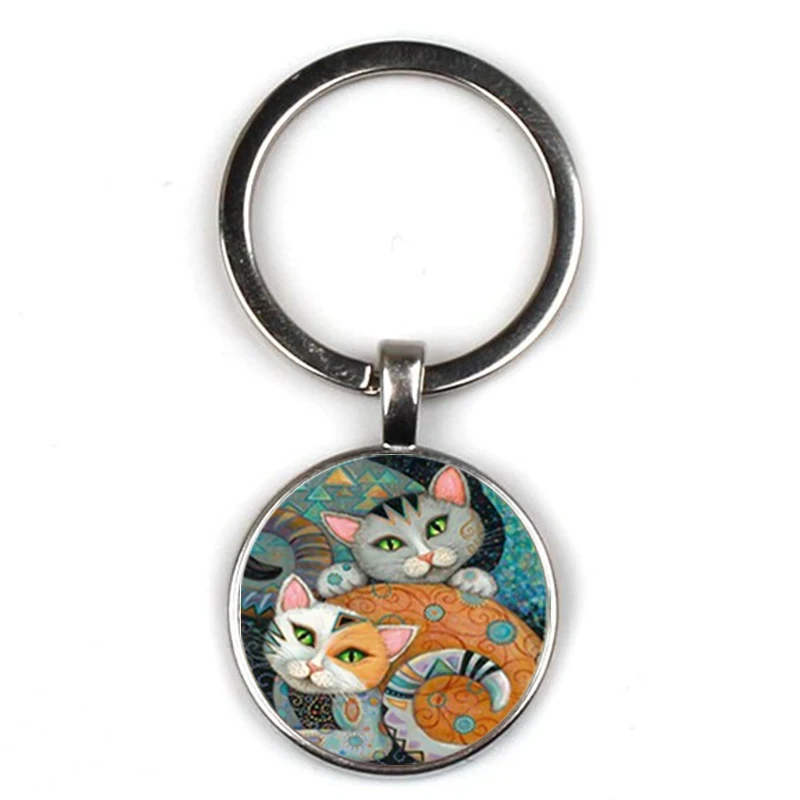 

New Charm Two Cat Photos Men Women Key Chain Quality Bag Car Pendant Key Ring Fashion Oil Painting Animal Glass Key Chain Friend