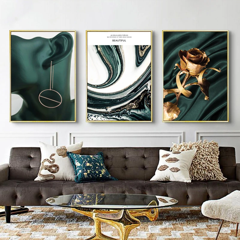 

Nordic Canvas Wall Art Print Poster Golden Flower Abstract Painting Decorative Picture Green Style Modern Living Room Decoration
