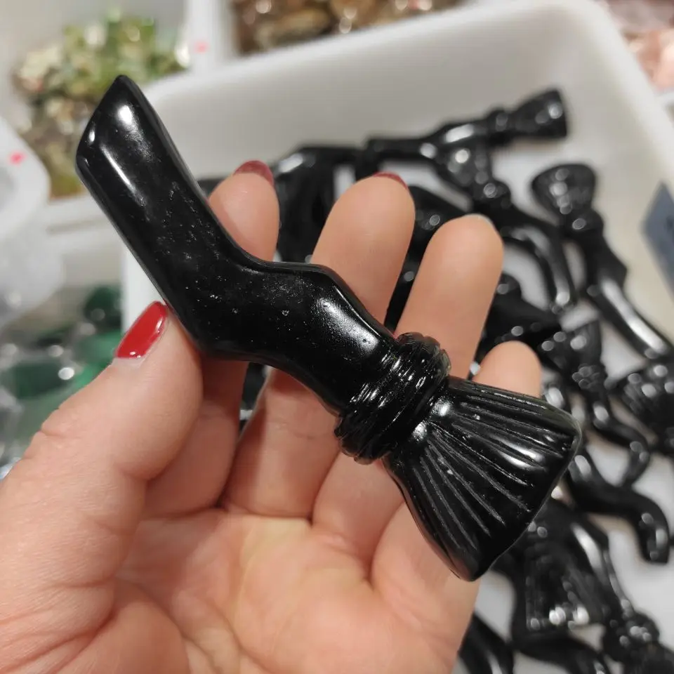 

1pcs Natural Black Obsidian Carved Magic Broom Quartz Figurine Halloween Decor Aesthetic Feng Shui Healing Crystal Witch Reiki