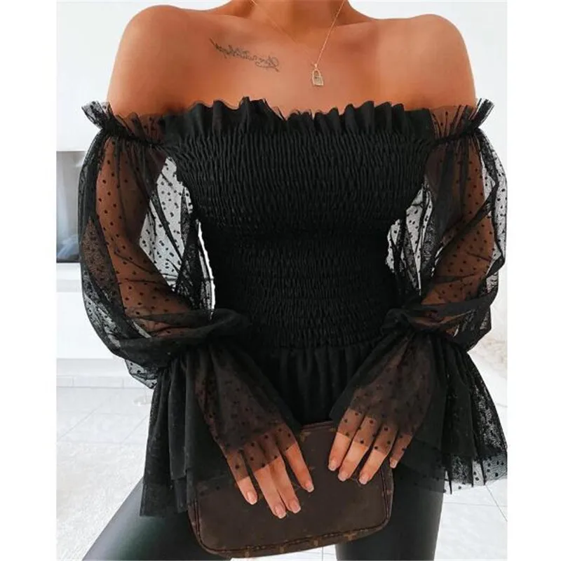 

Women High Street Blouses Sexy Pure Color Off Shoulder Puff Long Sleeve Ruffled Ladies Blouse Streetwear Sweet Mesh Shirts Tops