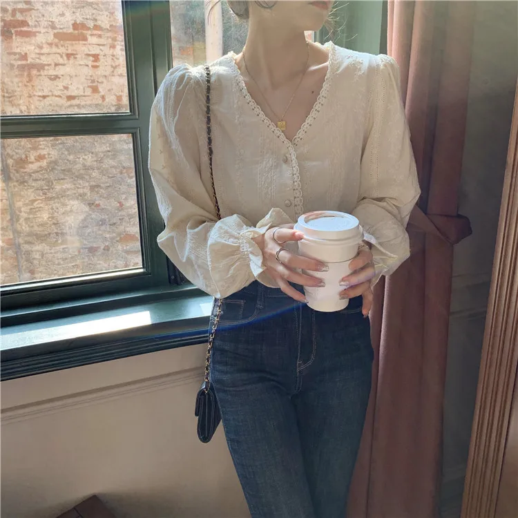 

Korean Fashion Clothing V-neck Flare Sleeve Women Shirts Blouses Spring Autumn New Sweet Style Solid Loose Temperament Shirt Ins