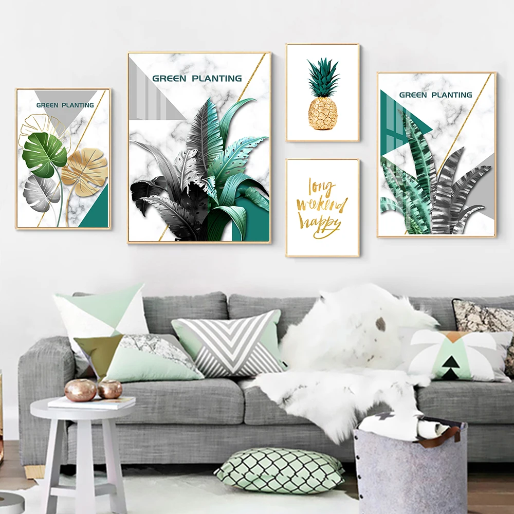 Тропические растения монстера и банан лист ананас настенная Картина на холсте