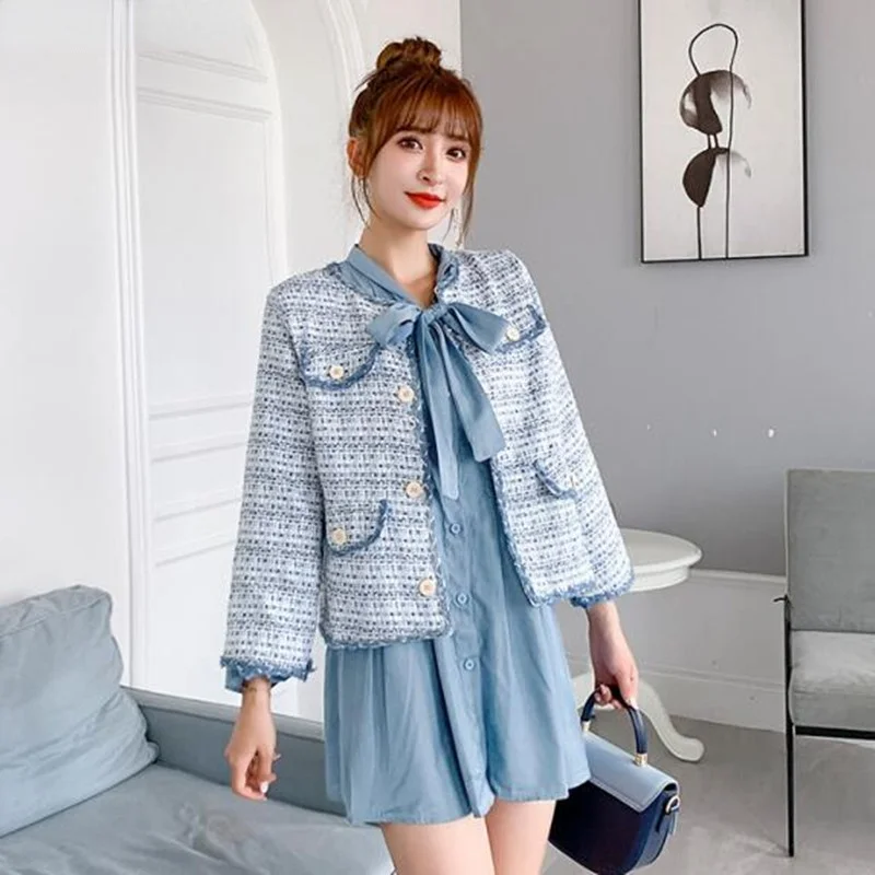 

New Vintage Blue Tweed Jacket Dress Suit Women Sweet Bow Lace-up Flare Sleeve Mini Shirt Dresses + Woolen Coat Two Piece Set