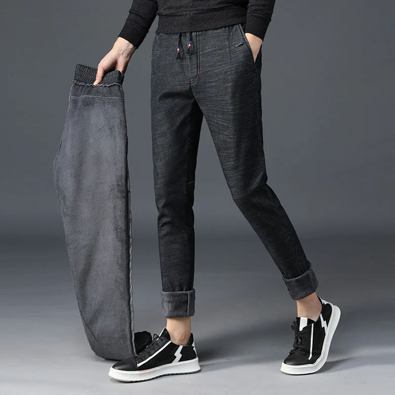 Бесплатная доставка новинка 2019 мужские зимние теплые флисовые джинсы для папы с