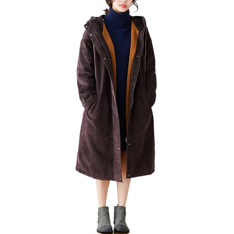 

Женское зимнее пальто из овечьей шерсти, фиолетовое вельветовое пальто средней длины с подкладкой, Свободное пальто с капюшоном из искусст...