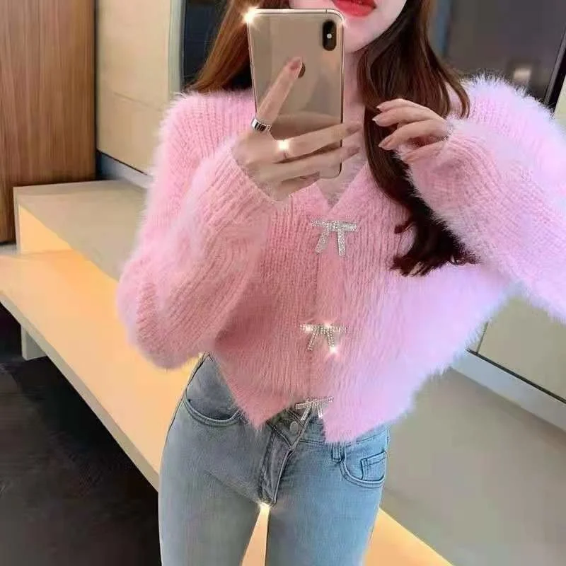 Женский кардиган с бантом и длинным рукавом| |