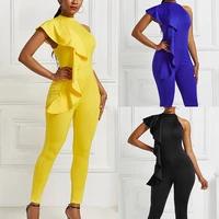 ruffle party sexy women jumpsuit women sleeveless summer elegant jumpsuit solid color bodycon mock neck tight jumpsuit pencil