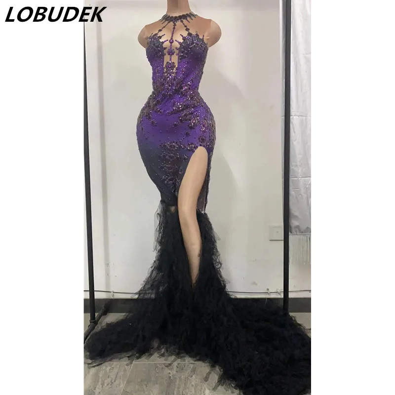 

Summer Purple Rhinestones Sexy Long Mermaid Dress Women Wedding Party Celebration High Slit Mesh Trailing Dresses Stage Costume
