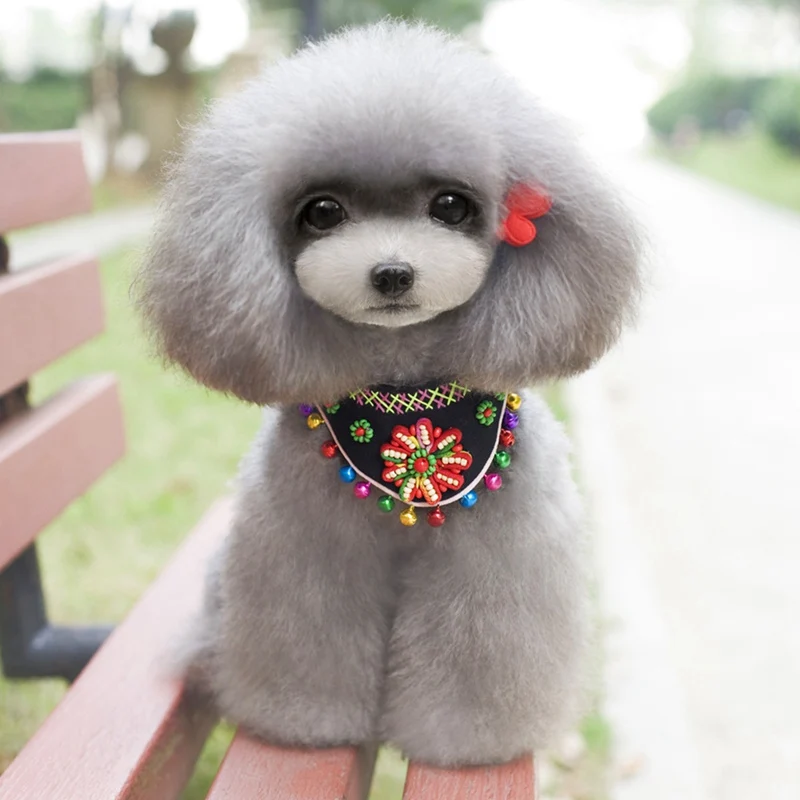 

New Pet Grooming Accessories Minority Style Neck Bandana Dog Collar With Bells Colorful Flower Scarf