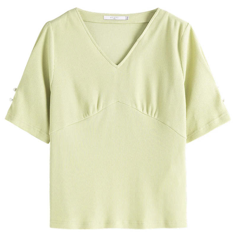 

DUSHU Loose Office Lady French Simple V-neck Knitted Yellow T-shirt 2021 Summer New Texture V-neck Frosted Pearl Button Top