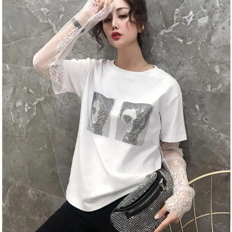 Летняя женская футболка из хлопка с кружевом и длинным рукавом