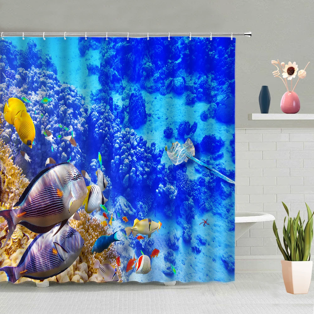 

Underwater World Marine Animals Shower Curtain Tropical Fish Colorful Coral Summer Seaside Scenery Bathroom Decoration With Hook