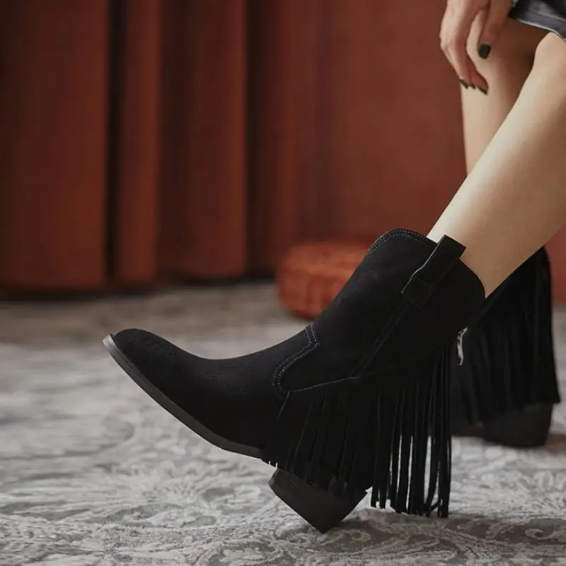 

RIZABINA Real Leather Women Mid Calf Boots Pointed Toe Tassels Zipper Shoes Flock Winter Boots Women Party Footwear Size 34-42