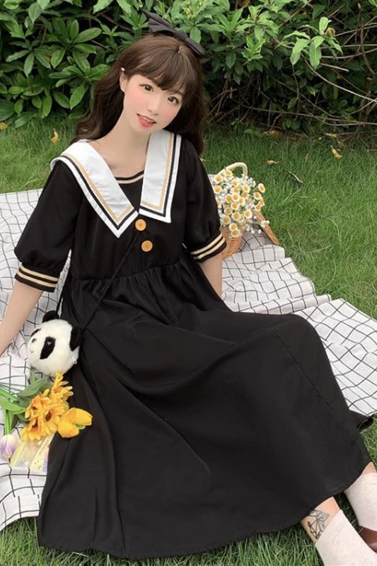 

Korean Loose Sailor Collar College Lantern Sleeves High Waist Slimming Platycodon Grandiflorum Dress Female 2020 lolita dress