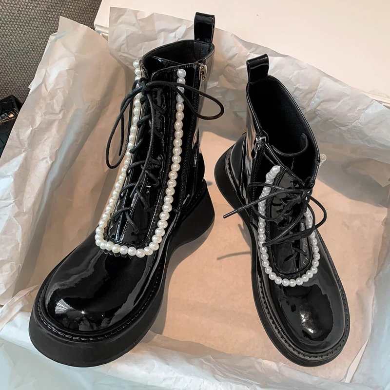 

Роскошные женские ботинки Hkyx из лакированной кожи, женские ботинки на платформе с массивным каблуком и кристаллами, мотоциклетная обувь дл...