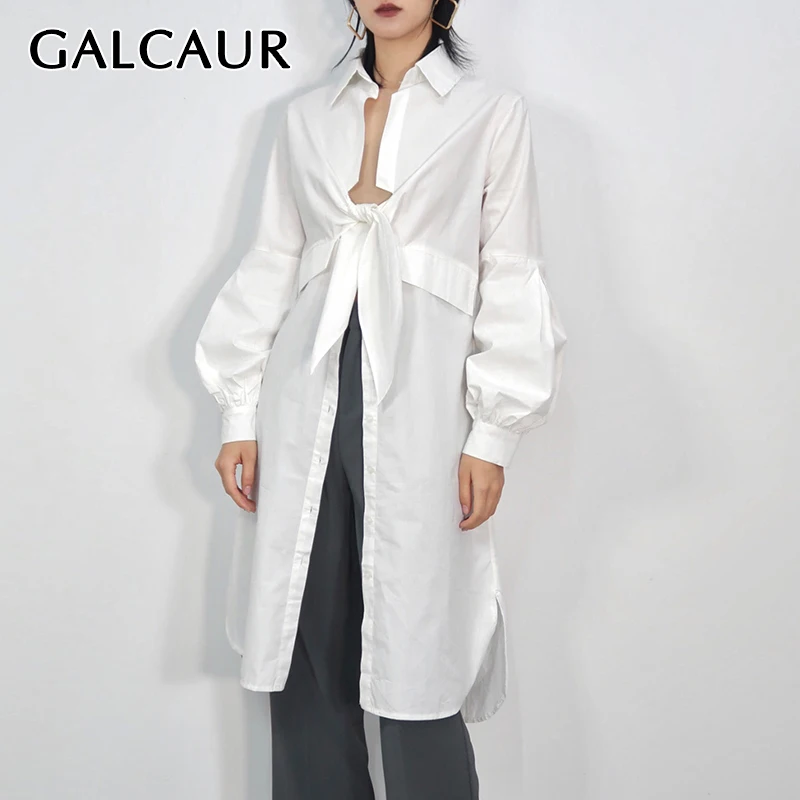 

Женская Длинная блузка GALCAUR, белая элегантная рубашка с V-образным вырезом, длинными рукавами-фонариками, высокой талией, на шнуровке, осень ...
