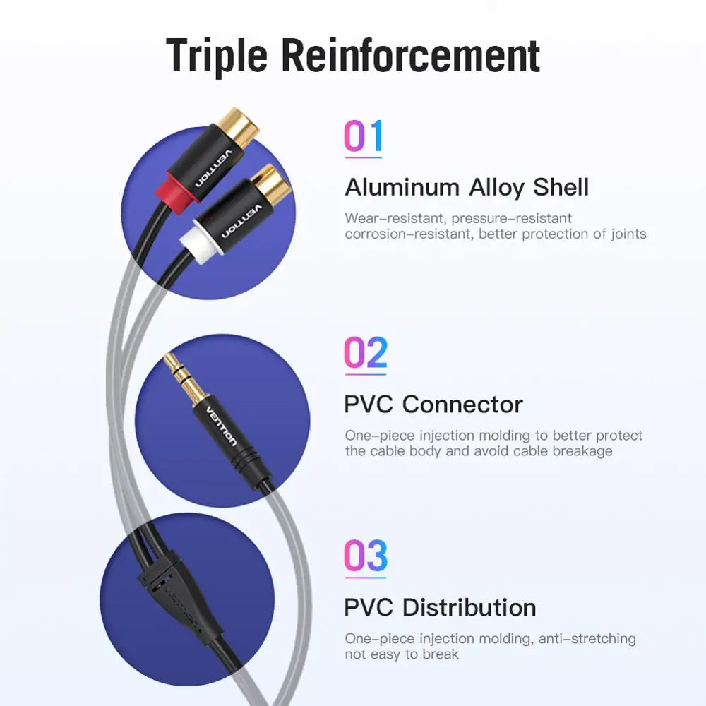Стерео аудио кабель VENTION 3 5 мм штекер 2RCA гнездо адаптер 2xRCA женский AUX позолоченный