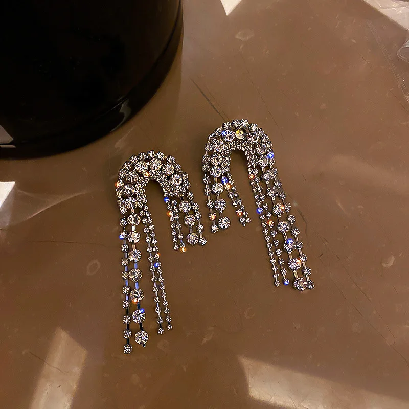 

925 Silver Needle Artificial Drill Irregular Alloy Tassel Earrings