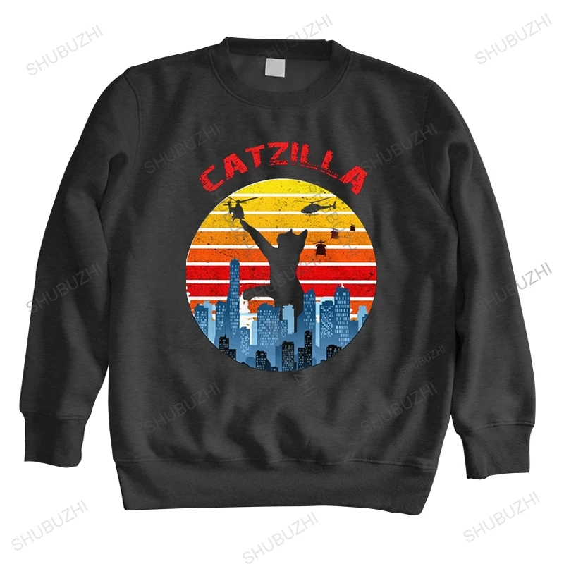

Забавная винтажная Толстовка Catzilla, мужская хлопковая толстовка с длинным рукавом и круглым воротником, Осенний японский стиль заката, свит...
