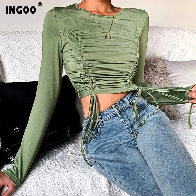 Женская футболка с длинными рукавами и рюшами INGOO Весенняя повседневная