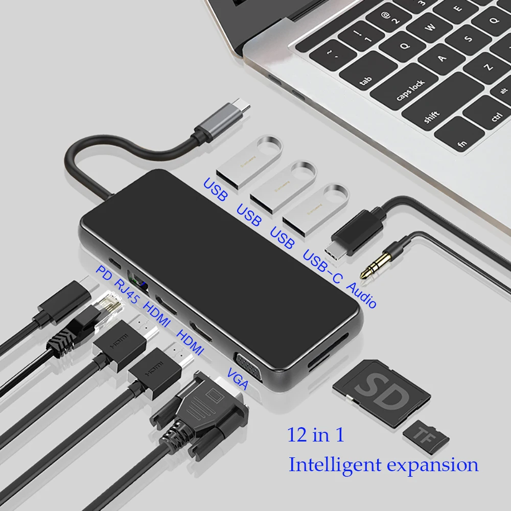 

Док-станция USB-C/2 HDMI, MST, Thunderbolt 3, VGA, RJ45, PD, USB 3.0, для ноутбуков