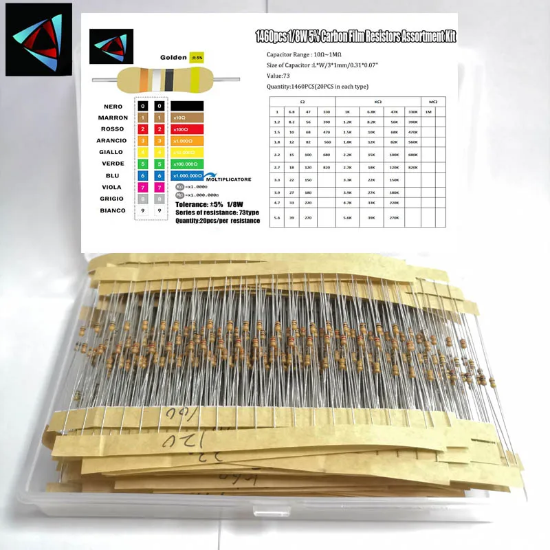 

1/8W 5% 73valuesx20pcs=1460pcs 1R~1M Ohm Carbon Film Resistor Assorted Kit