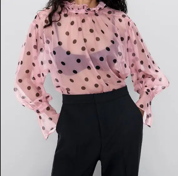 NSZ женская шифоновая блузка в горошек прозрачная рубашка прозрачный сексуальный