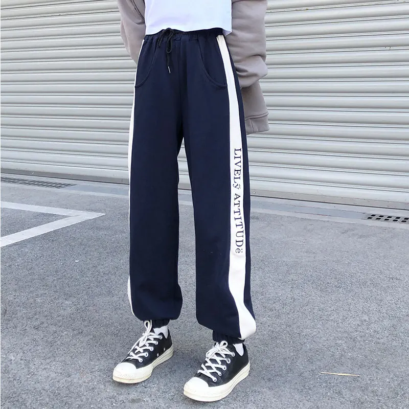 

3 Colors 2020 autumn winter High Waist straight trousers female side letter patchwork thick warm casual pants(X1180)