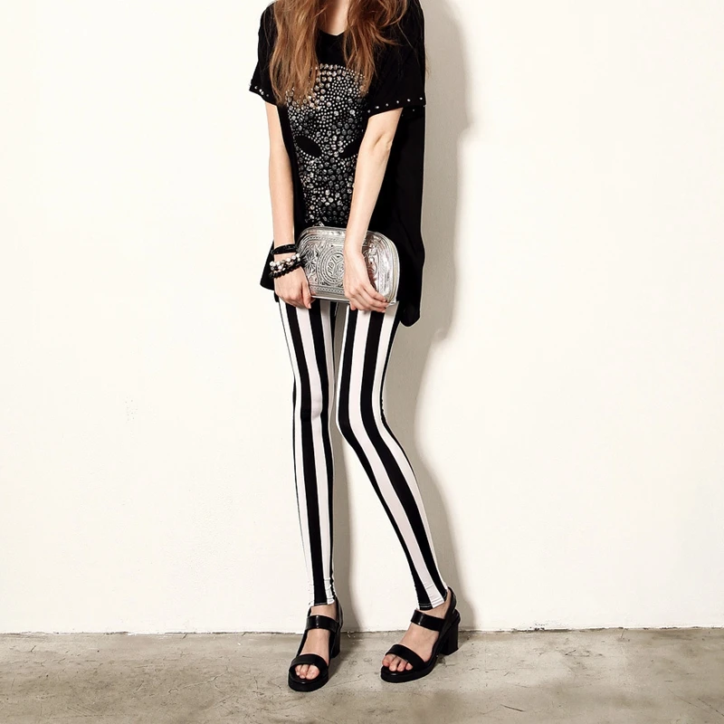 Женские уличные модные леггинсы в белую и черную полоску женские эластичные