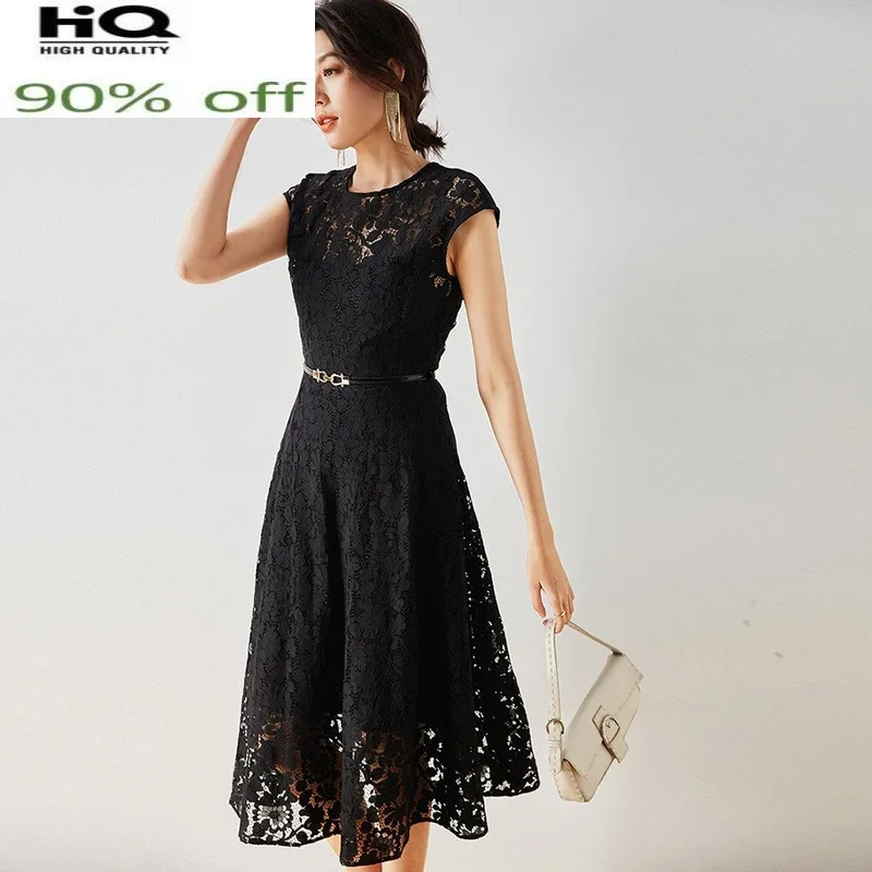 

High Quality Vintage Summer Dress 2022 Elegant Lace Dresses for Women Party Black Short Sleeve Dress Vestido De Mujer Pph4033