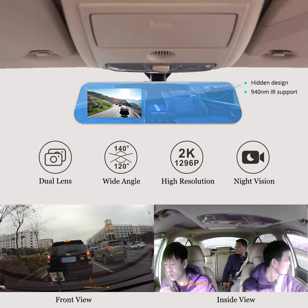 Dual Lens Night Vision Cameras Rearview Mirror Car DVR Front 2K 1296P+720P Interior Cabin Security Camera Dash Cam SD Card | Автомобили и