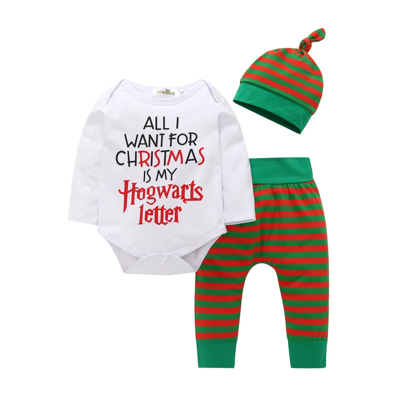 

Newborn Baby Clothes Set 2019 Fall Hongwarts Letter Printed Romper+Pants+Hat 3PCS Sets Infant Baby Christmas Costumes Outfits
