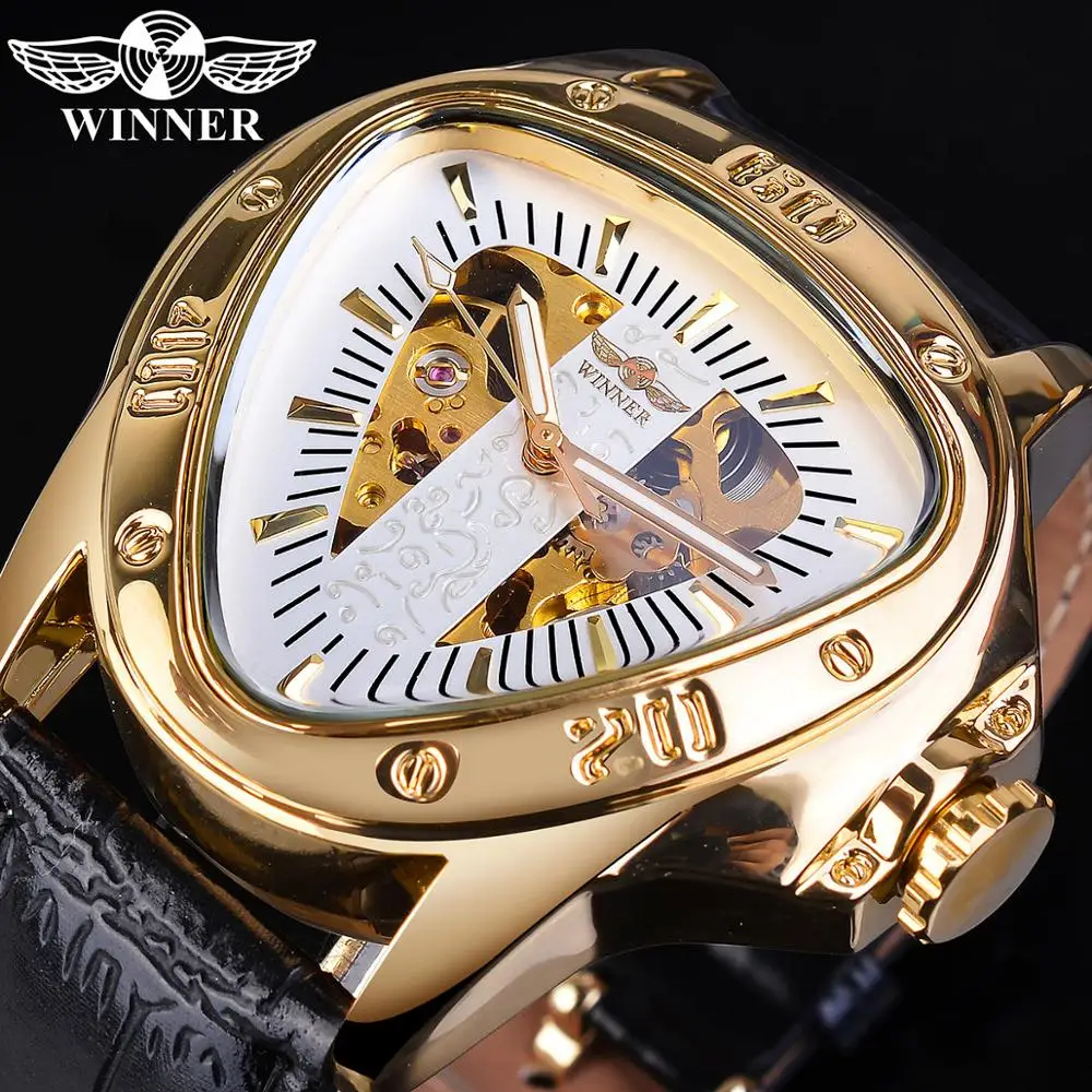 

Winner Golden Men's Mechanical Sport Watch Male Automatic Cobra Triangle Dial Leather Band Watches Relogio Masculino Reloj Clock