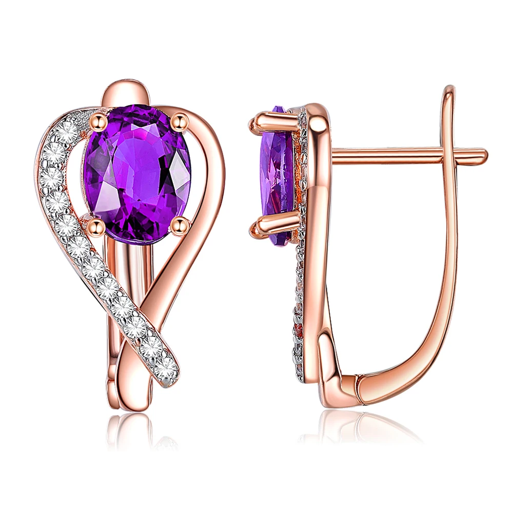 

ZEMIOR Romantic Heart Rose Gold Color Earrings For Women Purple Oval 5A Cubic Zirconia Stud Earring Anniversary Fashion Jewelry