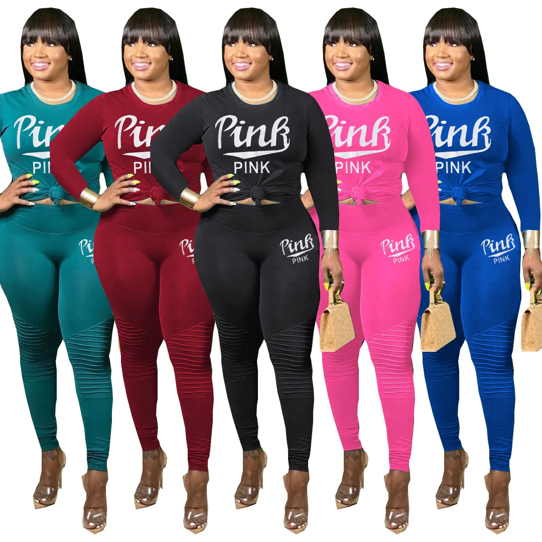 

43M6371 осенне-зимний женский Повседневный модный спортивный комплект из двух предметов с буквенным принтом Топ и штаны спортивный костюм нар...