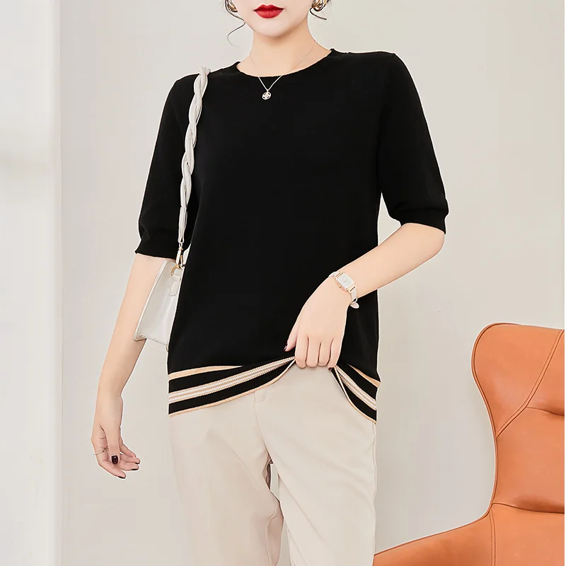 

Summer Woman's Sweater Female Pullover Thin O-Neck Half Sleeve 100% Cotton Knitted Tops Cool Clothes Plus Size Jumpers Slid Tees