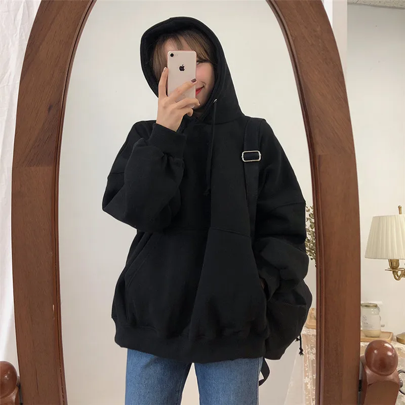 Толстовки женские уличные Ulzzang простые свободные плюс бархатные большого размера, мягкий однотонный теплый с капюшоном Harajuku женская одежда шикарная Повседневная