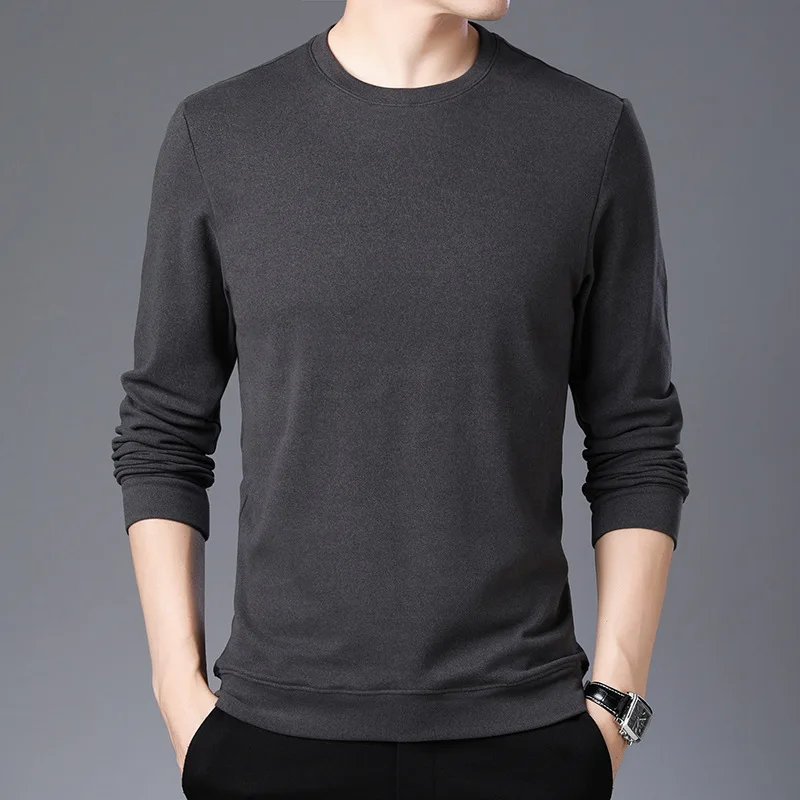 Autumn and winter men s solid color double faced Plush long sleeve T-shirt with round neck and frosted warm underwear