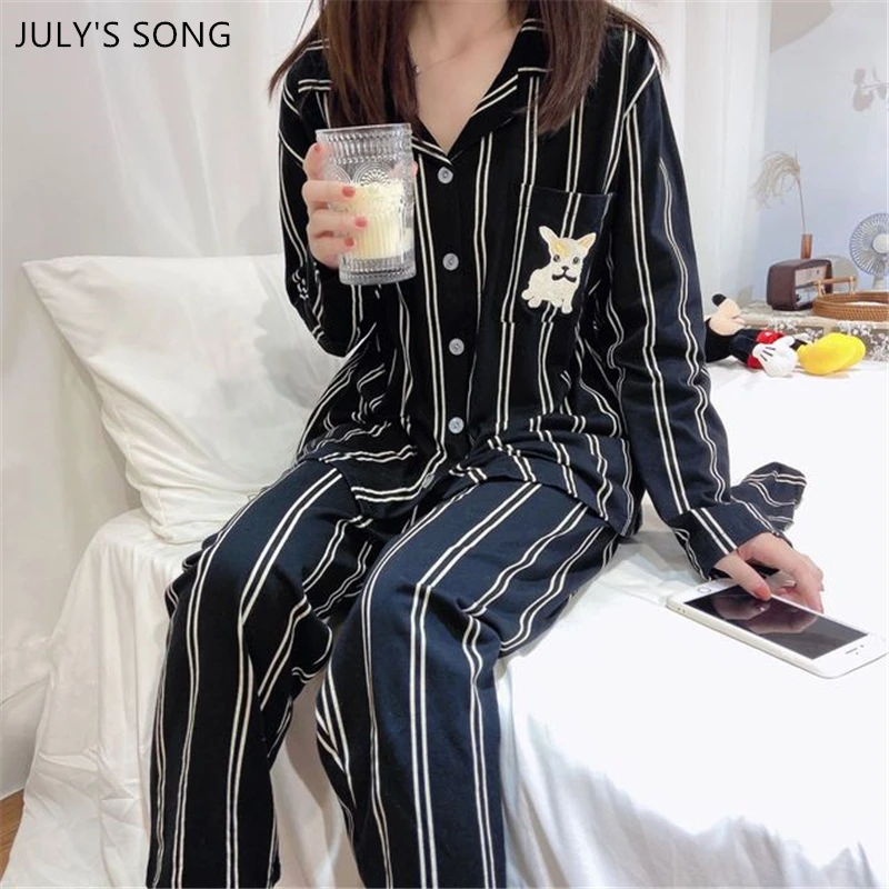 

JULY'S SONG Cotton Pajama Set Women Eye Mask 3 Pieces Black Vertical Stripes Puppy Cute Spring Autumn Long-sleeved Sleepwear
