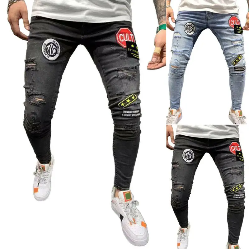 

Mens Distressed Frayed Ripped Jeans Pants Slim Fit Skinny Denim Casual Trousers