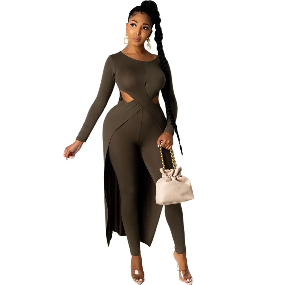 

Elastic Hight Solid Fitness Tracksuit Two Piece Suit for Women Waist Band Cut Out Maxi Tops+bodycon Legging Club Party Outfits