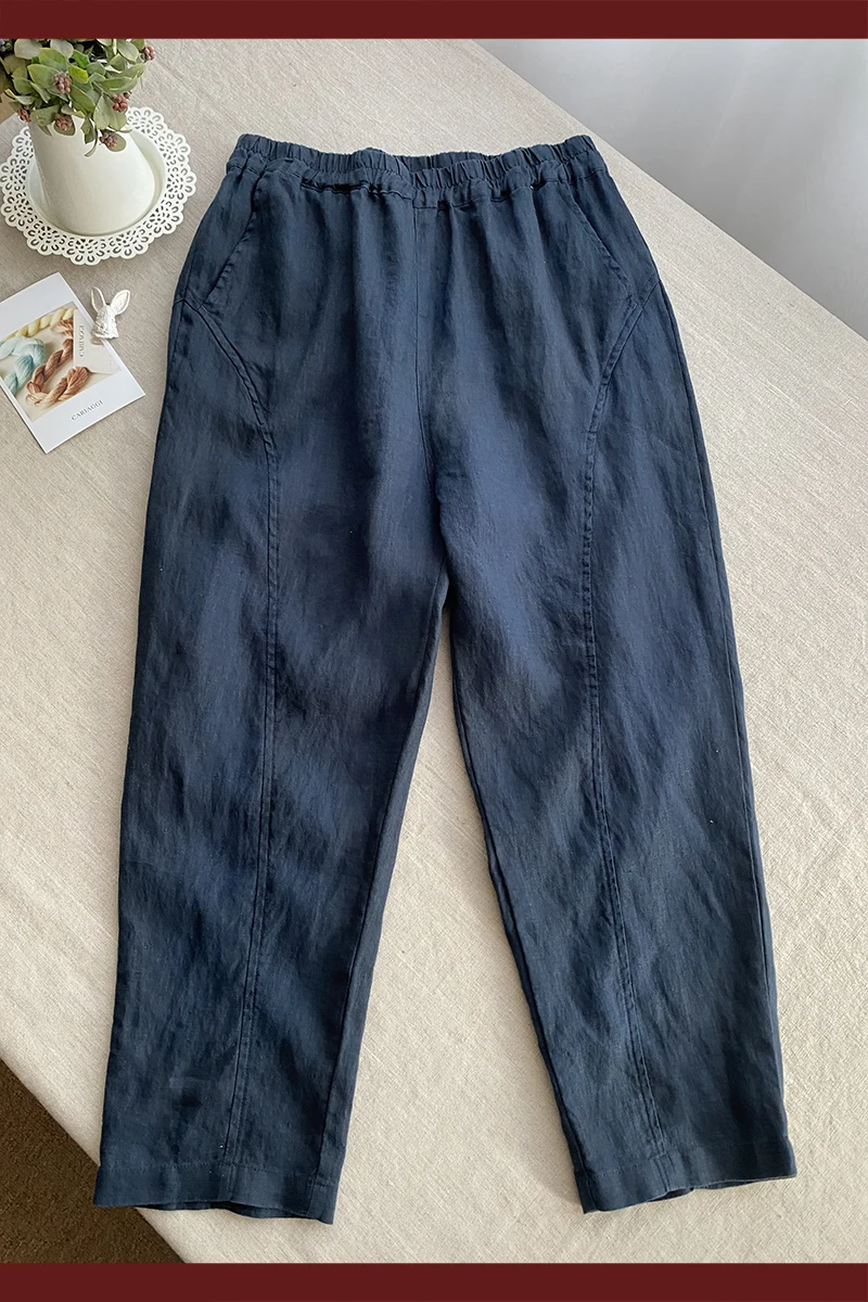 

Spring Summer Women Japanese Style Loose All-match Comfortable Water Washed Linen Trousers Elastic Waist Pants