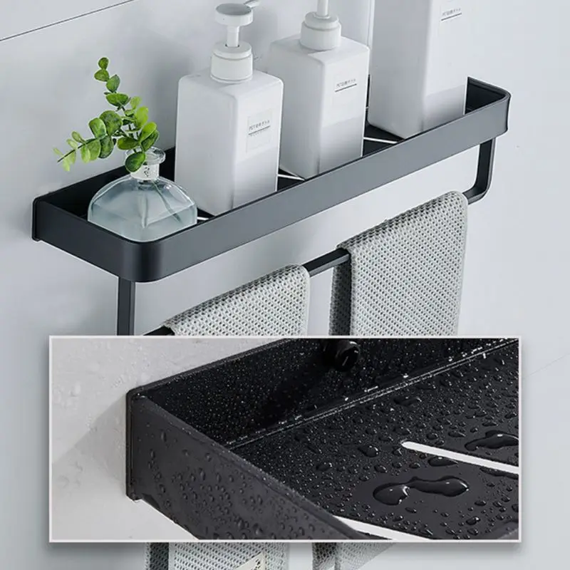 

Wall Mounted Bathroom Shelf with Towel Bar Aluminum Shampoo Shower Gel Holder Rack Kitchen Storage Rack