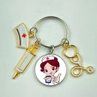 new high quality 1 piece nurse medical syringe image keychain glass cabochon and glass dome keyring pendant gift